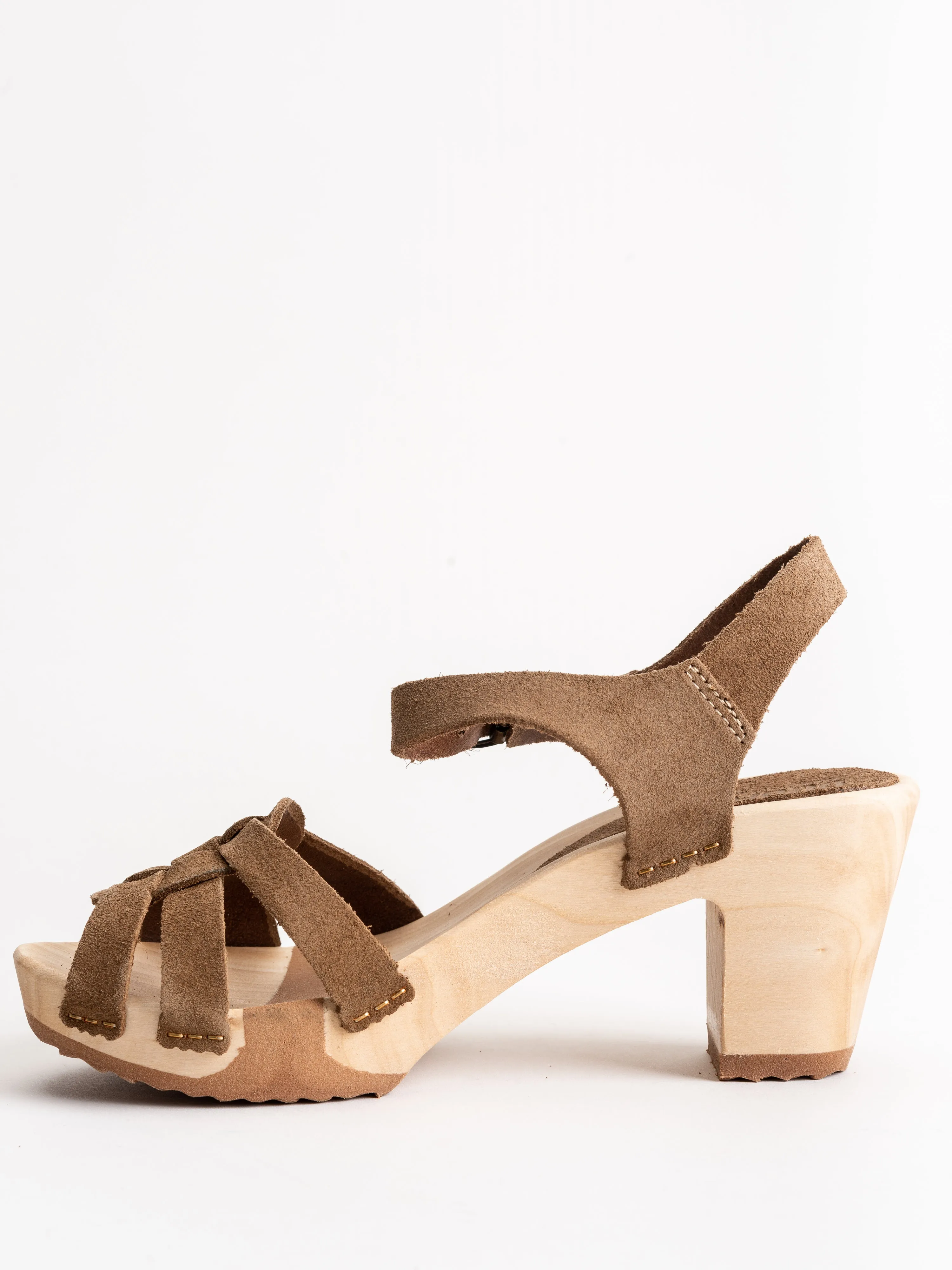 strappy high clog - tan suede