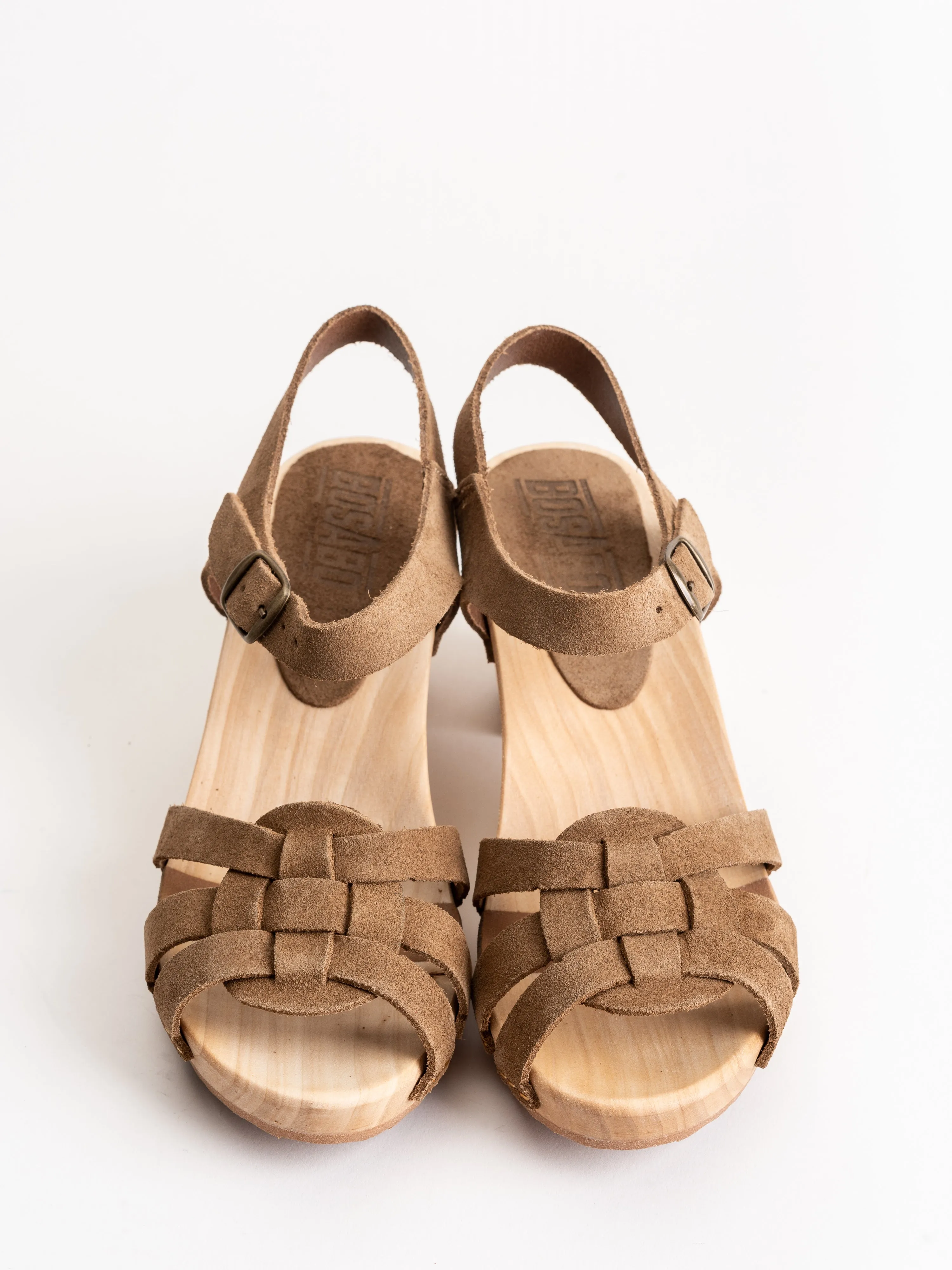 strappy high clog - tan suede