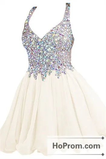 Straps Crystal Mini V-Neck Prom Dresses Homecoming Dresses