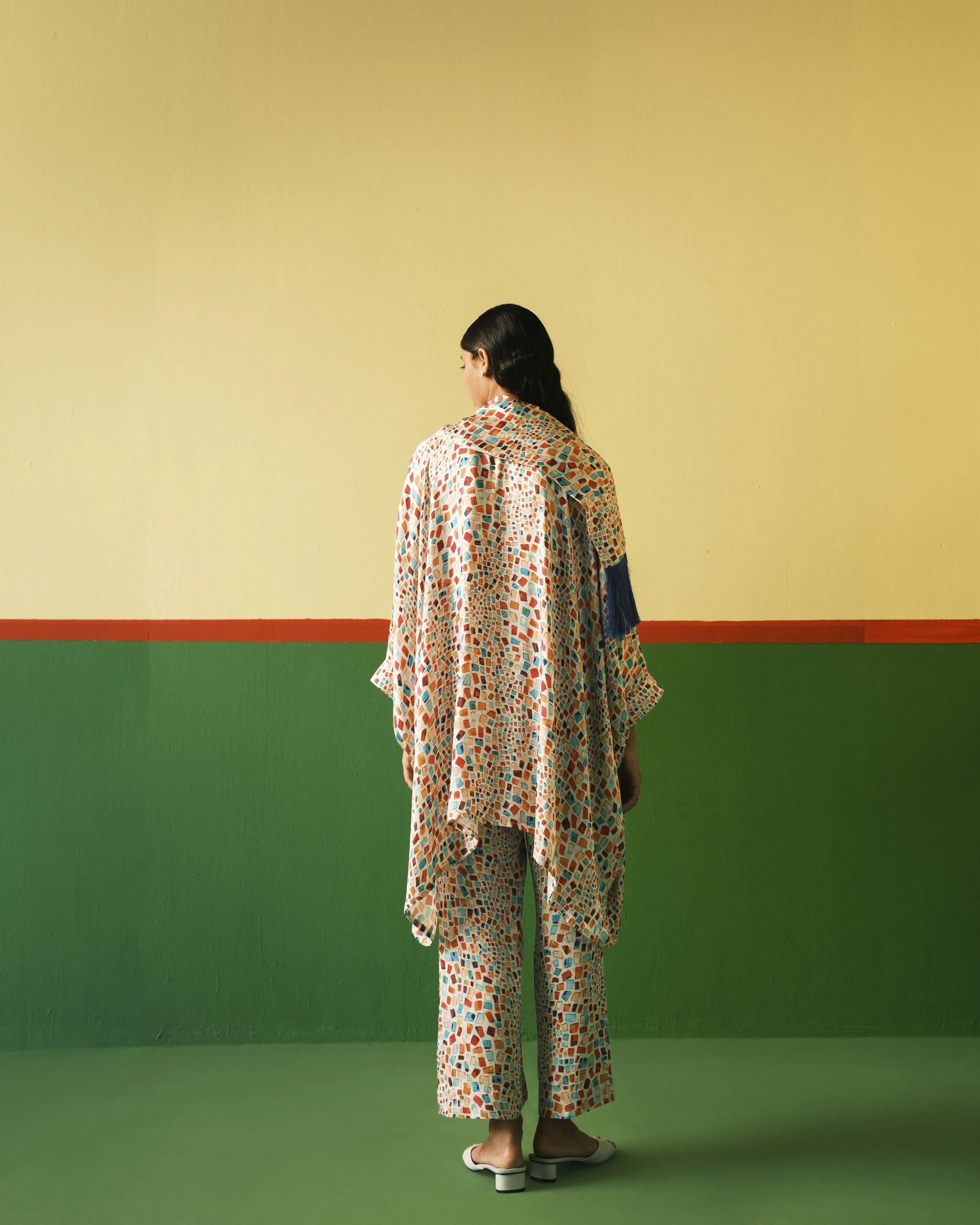 Studio Rigu   I   Crystal Straight Trousers Digitally Printed Vegan Silk Crystal Digital Print Srch050
