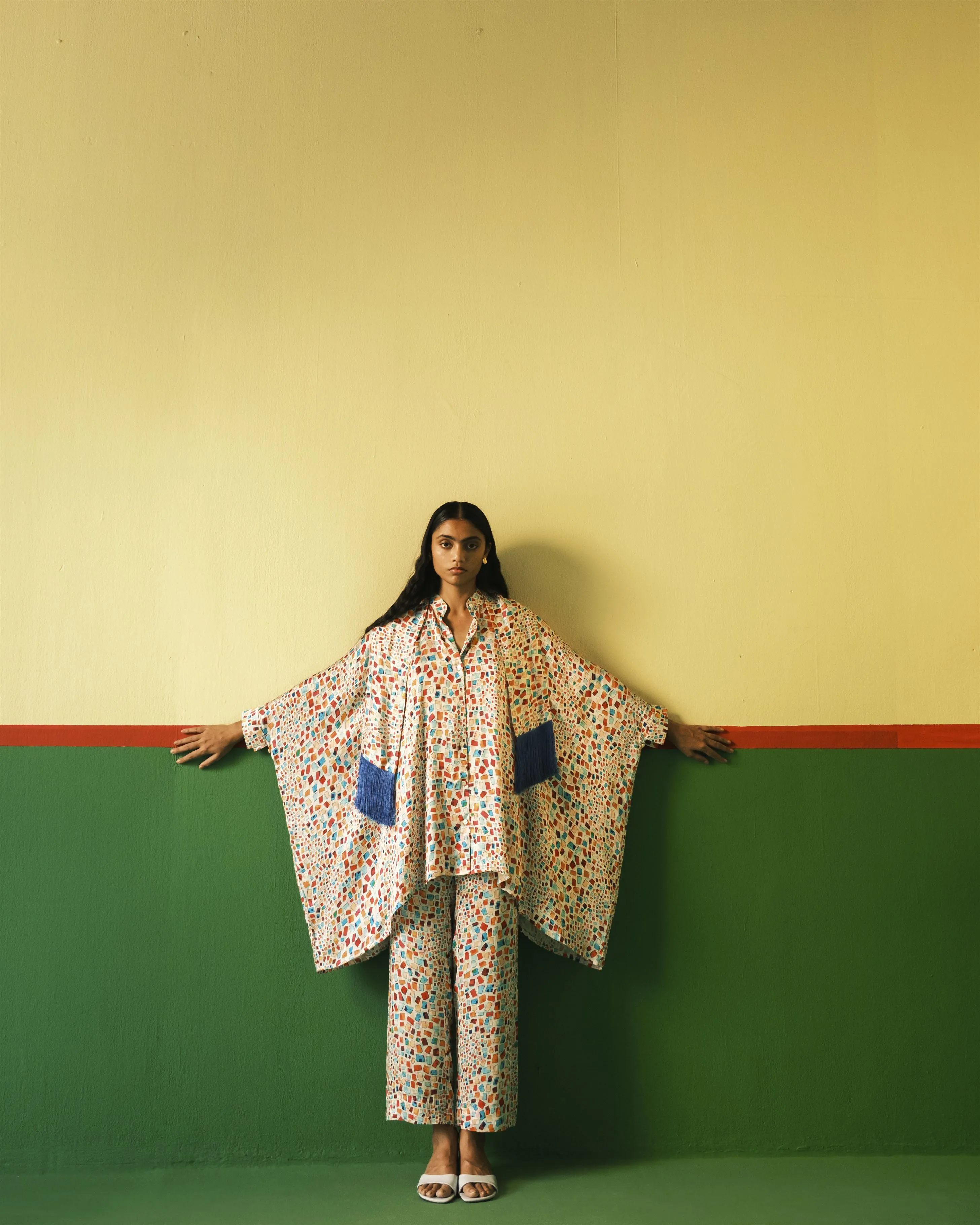 Studio Rigu   I   Crystal Straight Trousers Digitally Printed Vegan Silk Crystal Digital Print Srch050