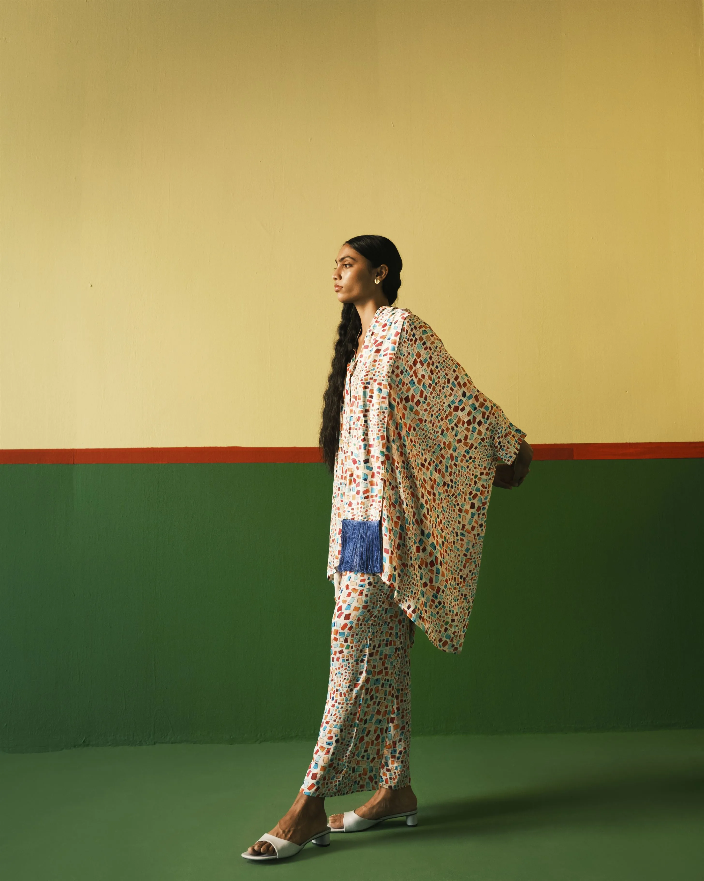 Studio Rigu   I   Crystal Straight Trousers Digitally Printed Vegan Silk Crystal Digital Print Srch050
