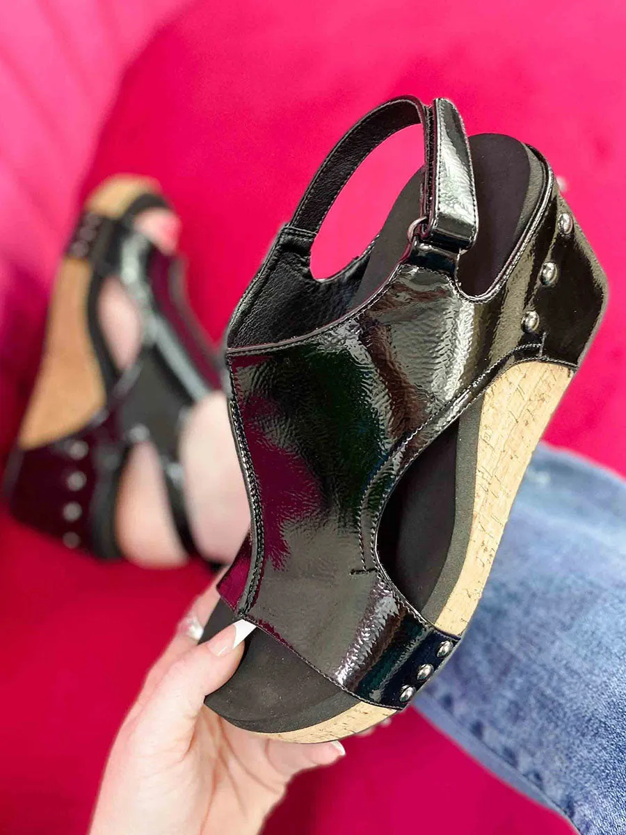 Stunncal Black Patent Wedge Sandals