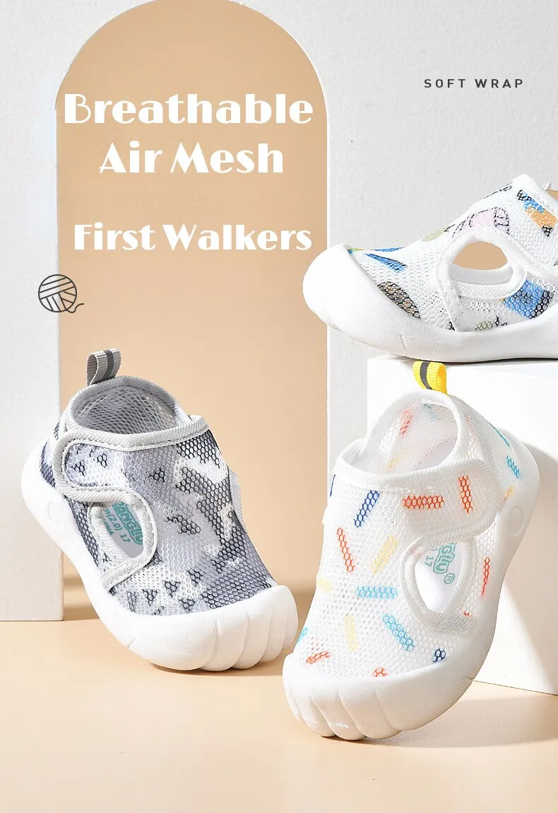 Summer Breathable Air Mesh Kids Sandals with Anti-slip Soft Sole - Blue, White, Pink, Grey