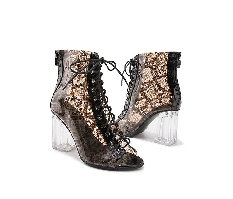 Summer Snakeskin Leopard Sandals Women's Transparent Thick Heel Shoes Fashion Increased Crystal Shoes Sandals