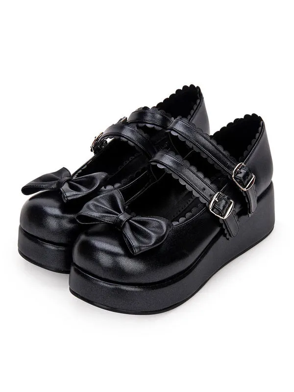 Sweet Lolita Footwear Bow Frill Strappy Buckle Platform PU Lolita Shoes