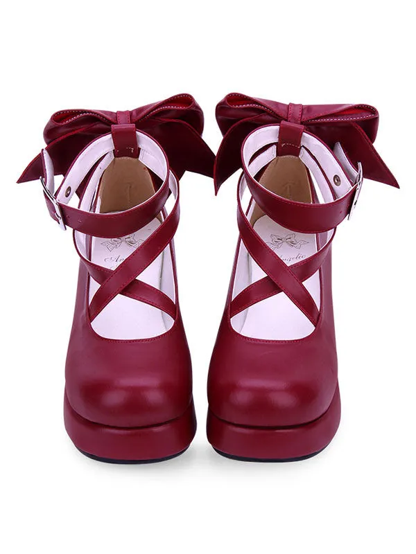 Sweet Lolita Shoes Bow Strappy Burgundy Platform Lolita Footwear
