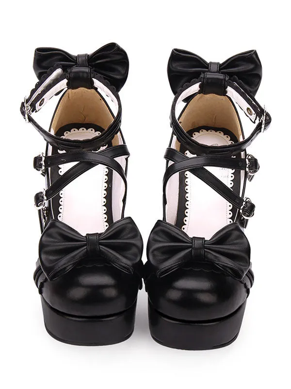 Sweet Lolita Shoes Bow Strappy Platform Chunky Heel PU Burgundy Lolita Footwear