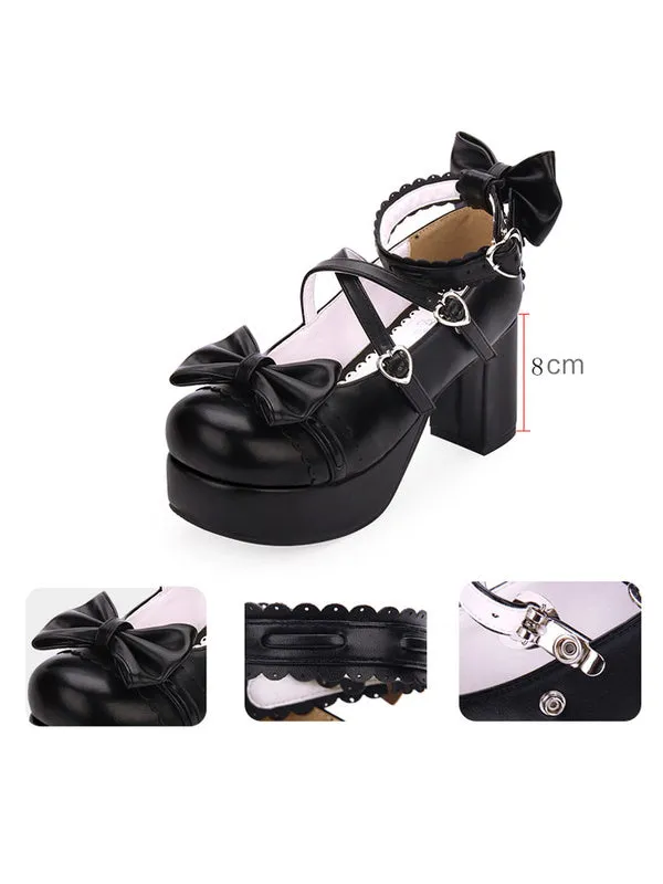 Sweet Lolita Shoes Bow Strappy Platform Chunky Heel PU Burgundy Lolita Footwear