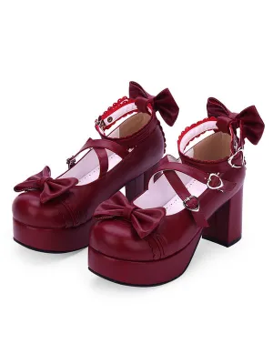 Sweet Lolita Shoes Bow Strappy Platform Chunky Heel PU Burgundy Lolita Footwear