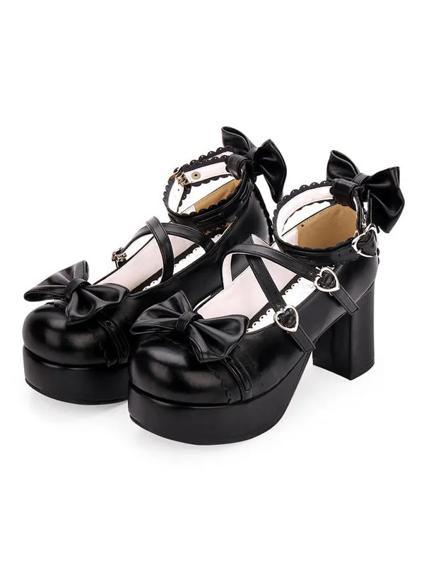 Sweet Lolita Shoes Bow Strappy Platform Chunky Heel PU Burgundy Lolita Footwear