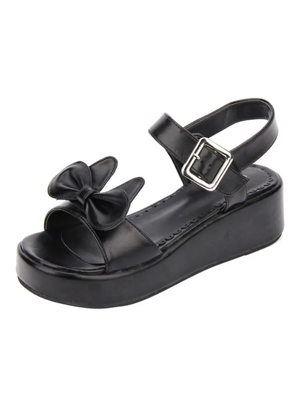 Sweet Lolita Shoes Open Toe Wedge Heel Bows PU Flat White Lolita Sandals