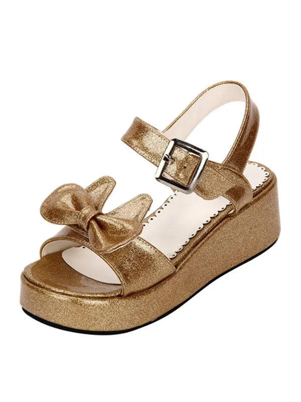 Sweet Lolita Shoes Open Toe Wedge Heel Bows PU Flat White Lolita Sandals