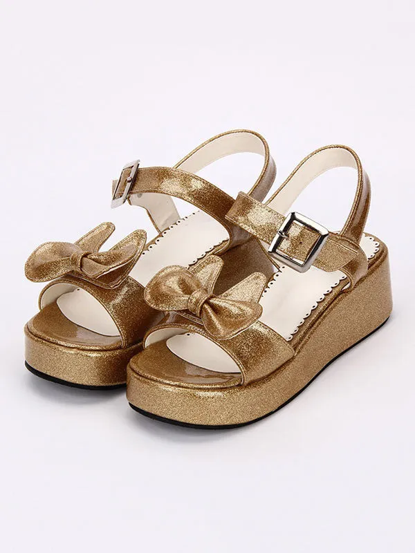 Sweet Lolita Shoes Open Toe Wedge Heel Bows PU Flat White Lolita Sandals