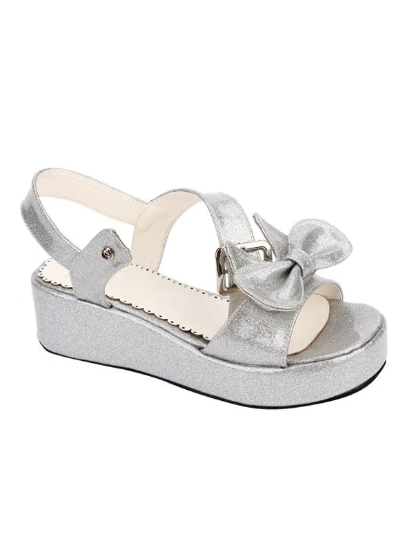 Sweet Lolita Shoes Open Toe Wedge Heel Bows PU Flat White Lolita Sandals
