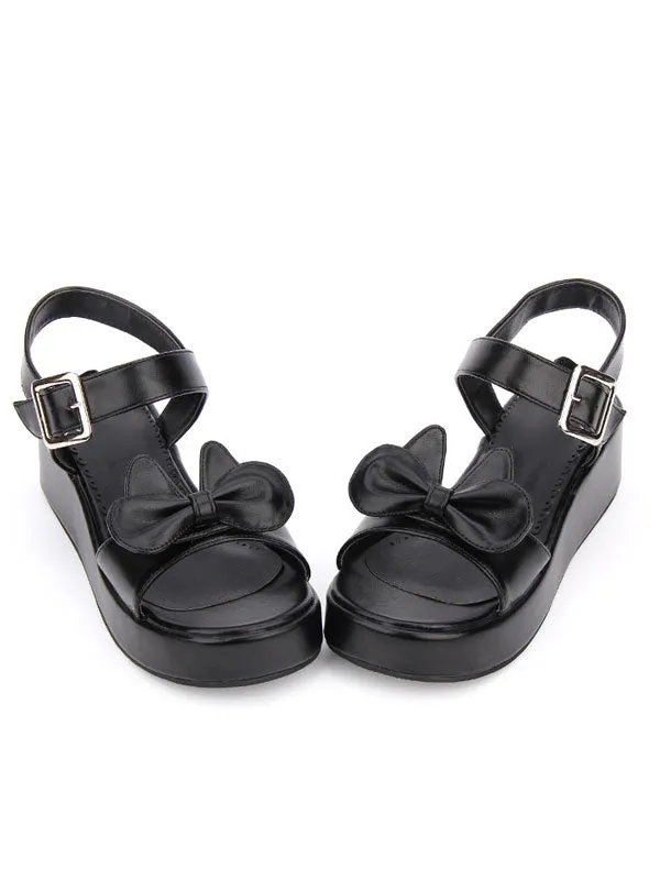 Sweet Lolita Shoes Open Toe Wedge Heel Bows PU Flat White Lolita Sandals