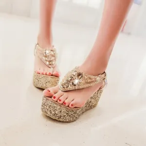 T Strap Rhinestone Women Sandals Wedge Heels Shoes for Summer 6261