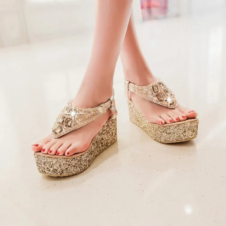T Strap Rhinestone Women Sandals Wedge Heels Shoes for Summer 6261