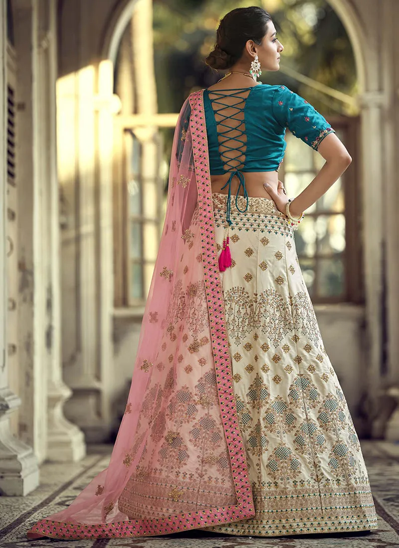Teal And White Designer Embroidery Wedding Lehenga Choli