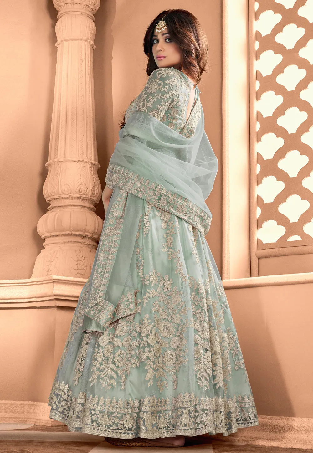 Teal Blue Embroidery Wedding Anarkali Suit