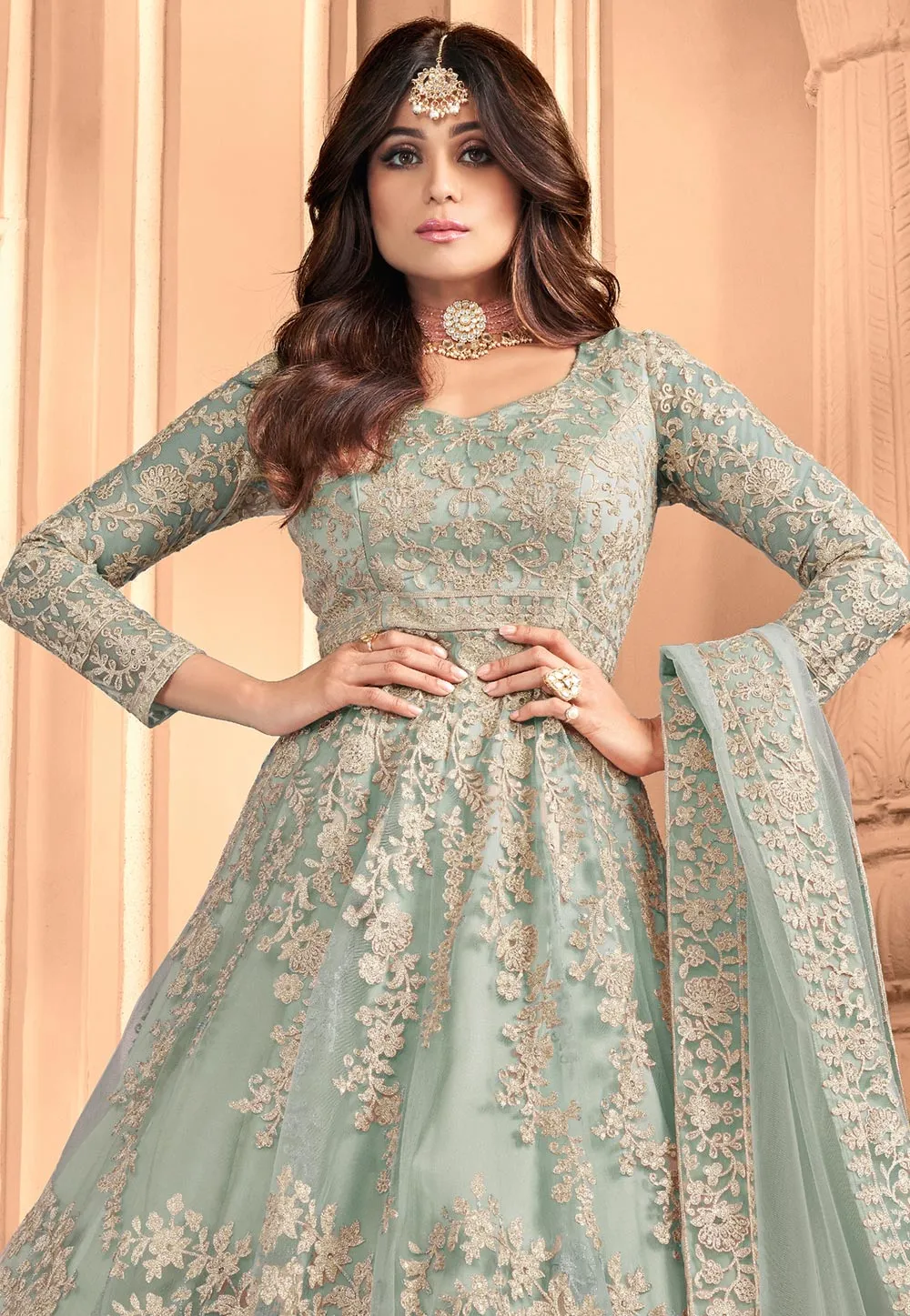 Teal Blue Embroidery Wedding Anarkali Suit