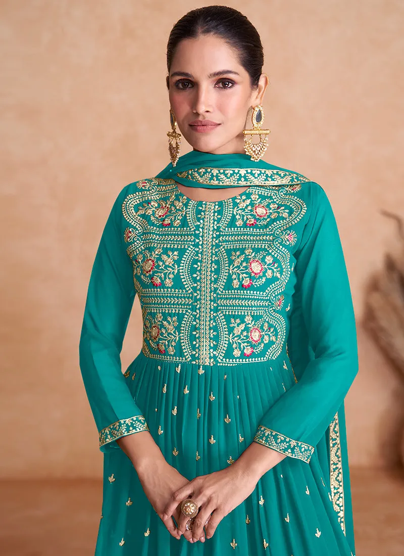 Teal Blue Multi Embroidered Wedding Anarkali Lehenga Suit