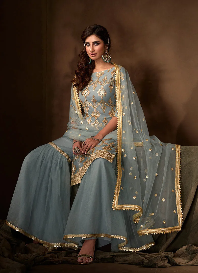 Teal Blue Traditional Embroidered Gharara Suit