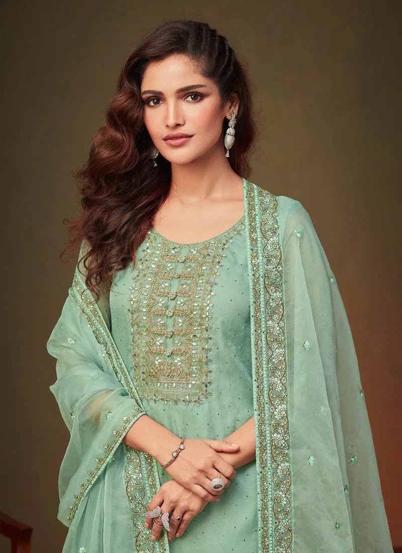 Teal Green Swaroski Embroidered Indian Pant Suit