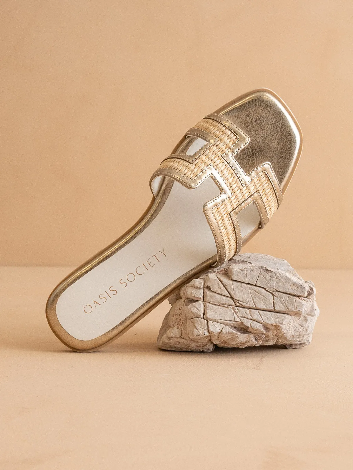 The Ena | Gold H Cutout Raffia Slide