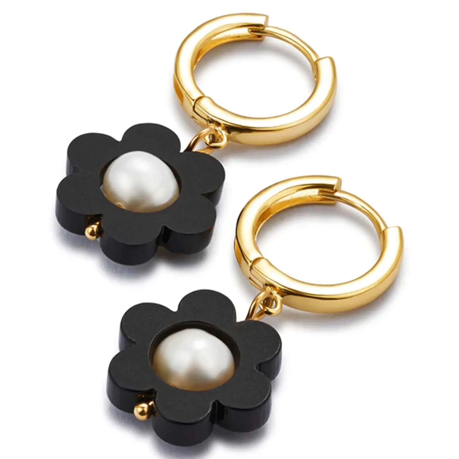 TooLally Flower Pearl Huggie Hoop Earrings - Black