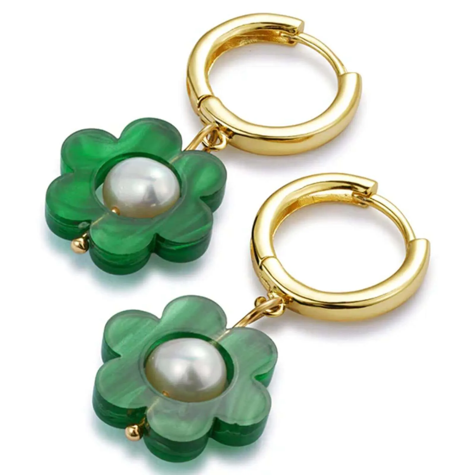 TooLally Flower Pearl Huggie Hoop Earrings - Green