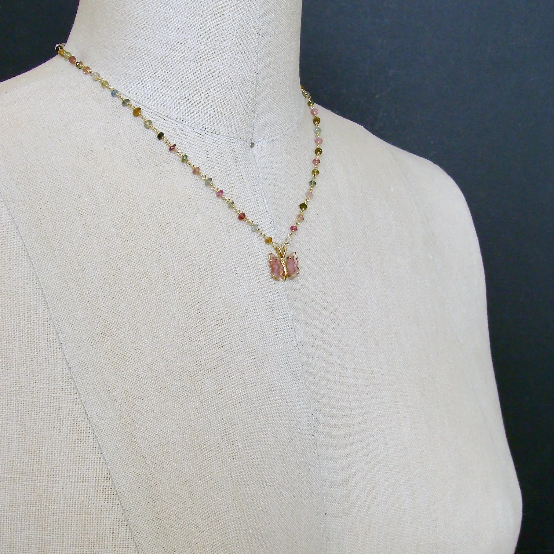 Tourmaline Butterfly Pendant Tourmaline Beaded Chain - Le Papillon XXIII Necklace