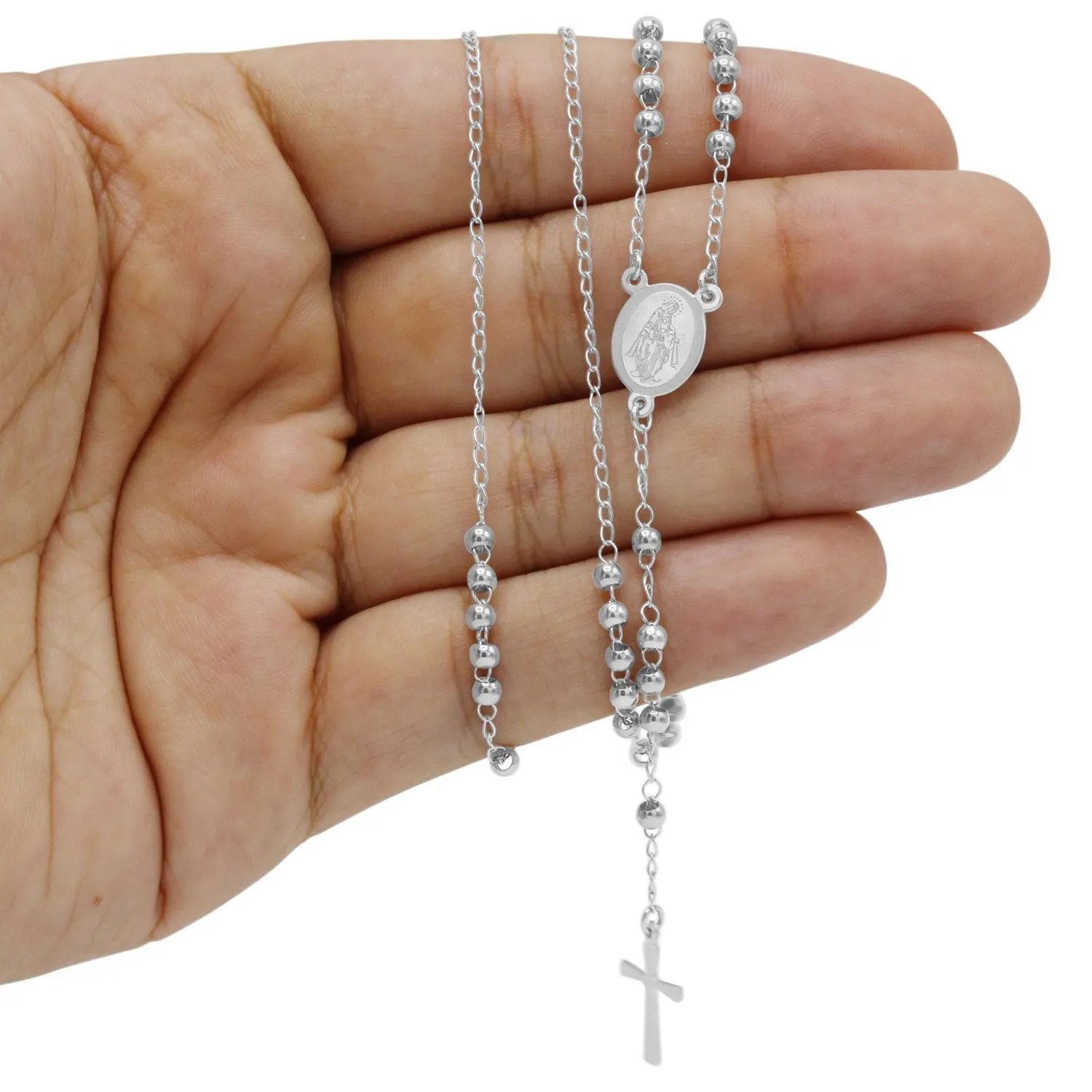 Traditional Silver Rosary Necklace Five Decade Catholic Prayer Beads  3mm