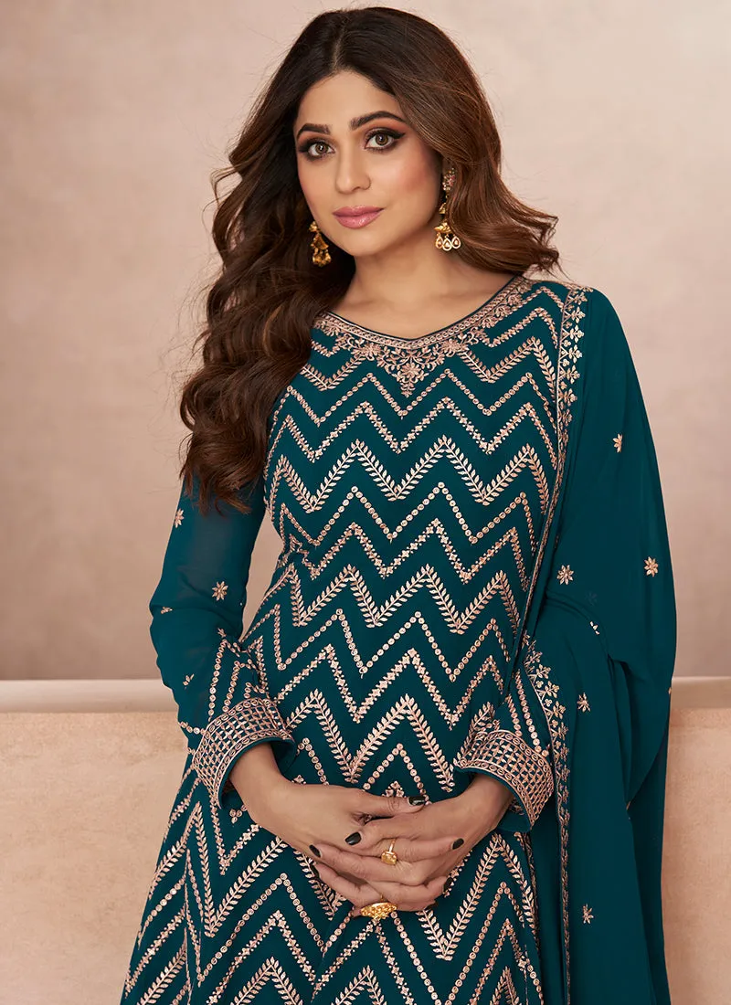Turquoise Embroidery Festive Anarkali Palazzo Suit