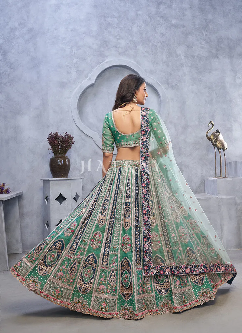 Turquoise Green Traditional Embroidery Wedding Lehenga Choli