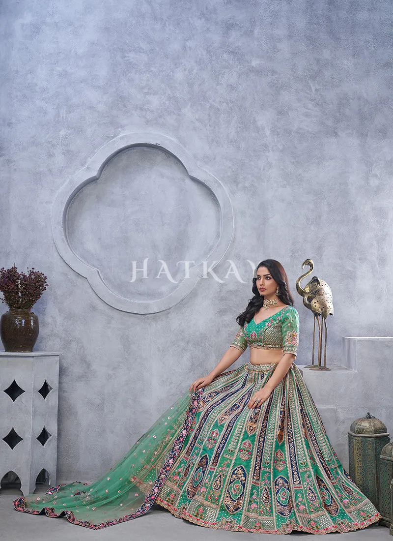 Turquoise Green Traditional Embroidery Wedding Lehenga Choli