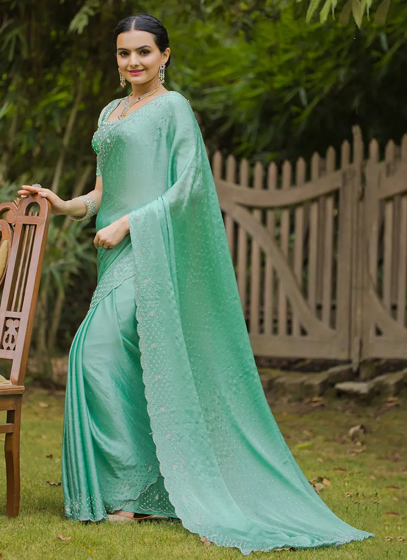 Turquoise Handwork Embroidery Wedding Saree