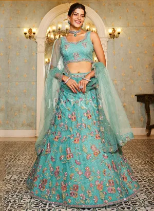 Turquoise Multi Embroidery Lehenga Choli