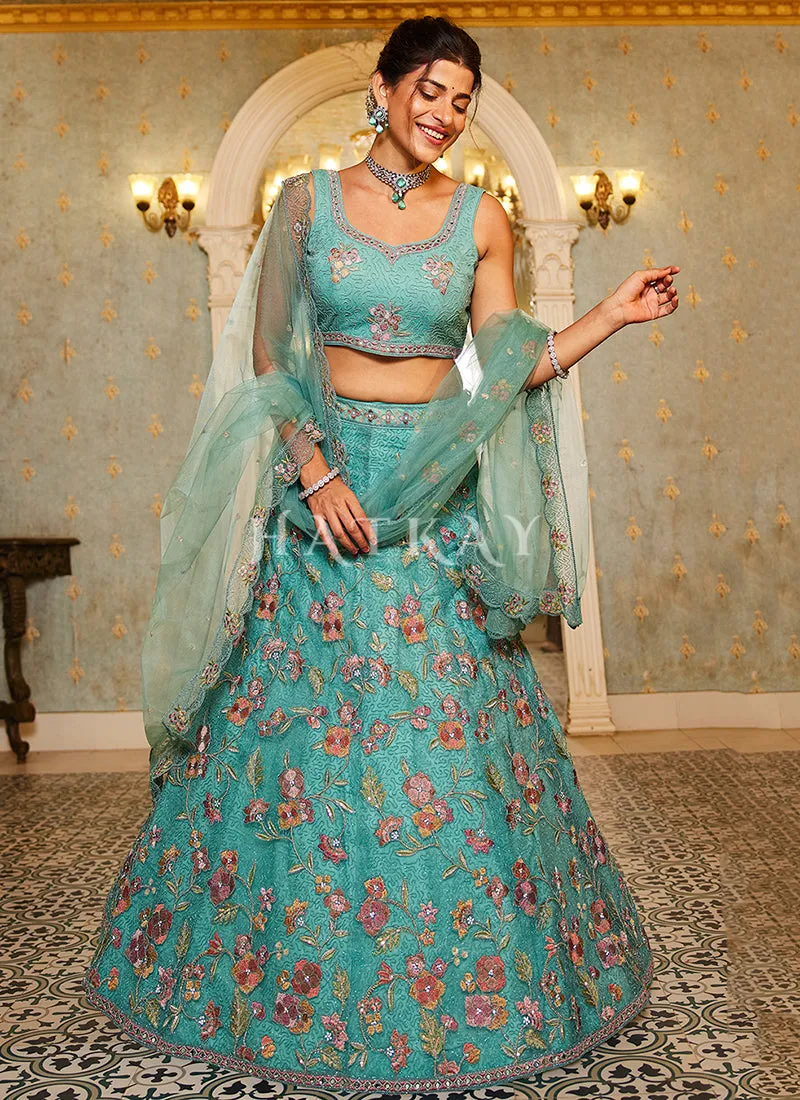 Turquoise Multi Embroidery Lehenga Choli