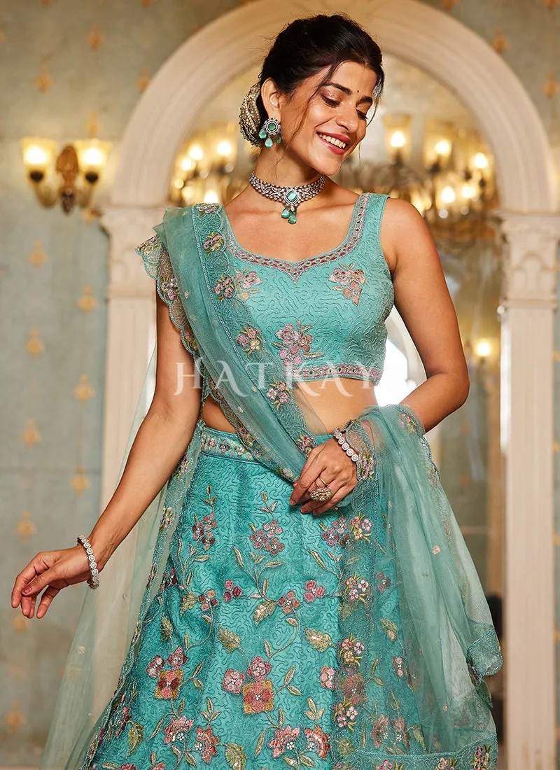 Turquoise Multi Embroidery Lehenga Choli