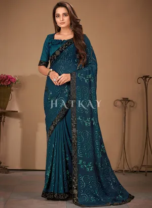 Turquoise Sequence Embroidery Georgette Saree