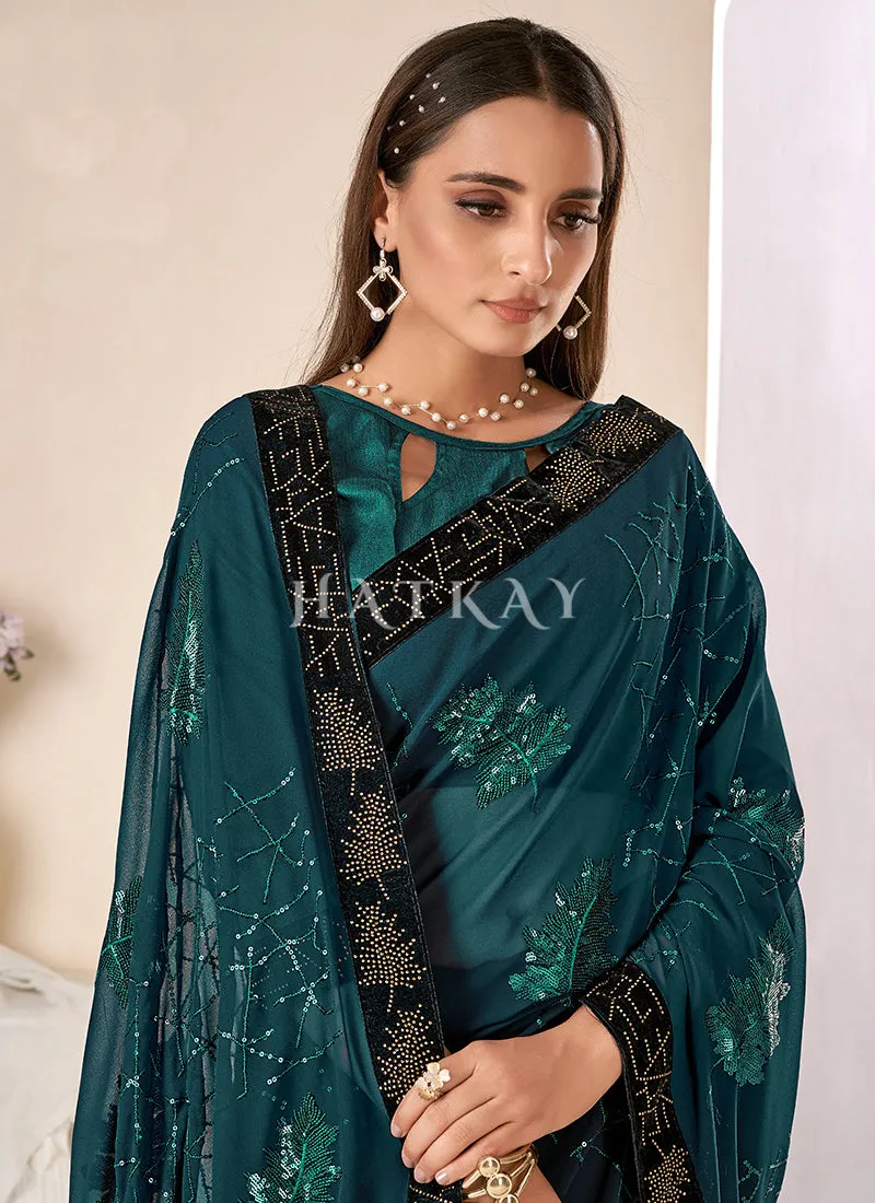 Turquoise Sequence Embroidery Georgette Saree