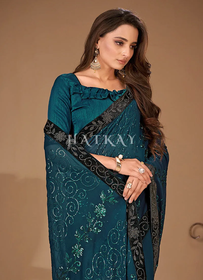 Turquoise Sequence Embroidery Georgette Saree