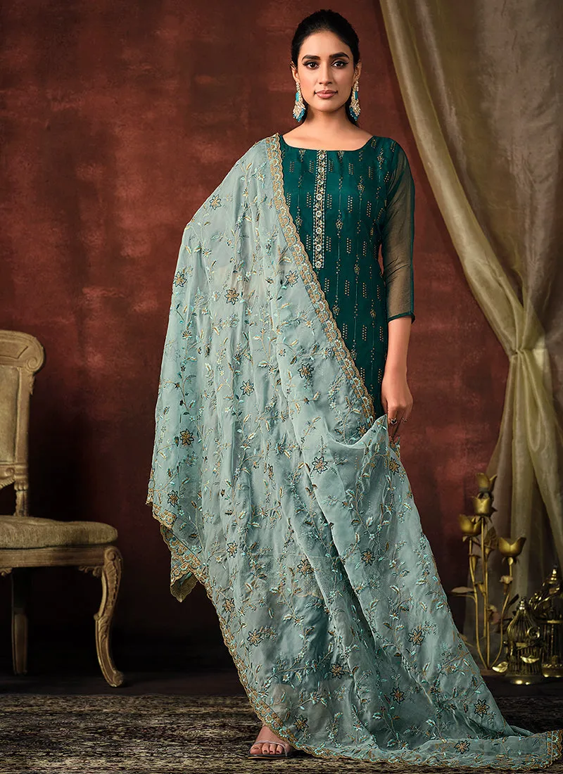 Turquoise Sequence Embroidery Pant Style Suit
