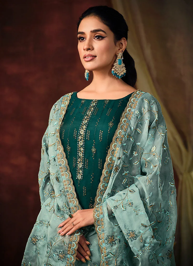 Turquoise Sequence Embroidery Pant Style Suit