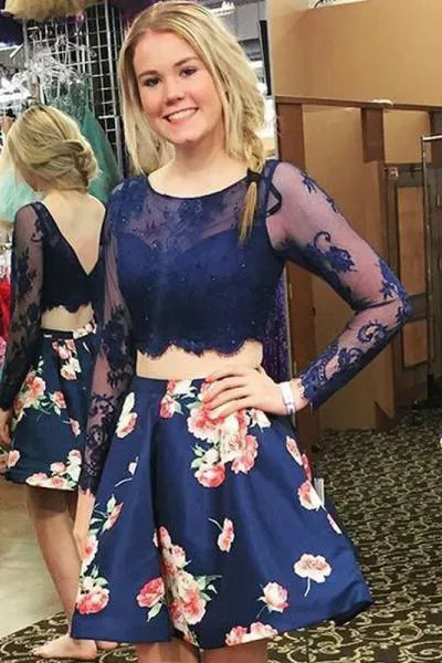 Two Piece Homecoming Dresses Floral Print Long Sleeve Short Prom Dress Party Dress OHM153