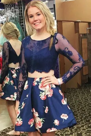 Two Piece Homecoming Dresses Floral Print Long Sleeve Short Prom Dress Party Dress OHM153