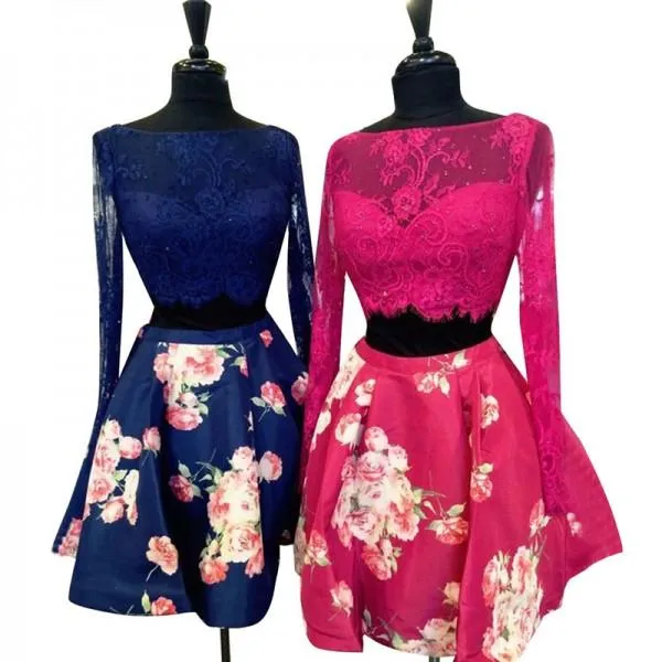 Two Piece Homecoming Dresses Floral Print Long Sleeve Short Prom Dress Party Dress OHM153