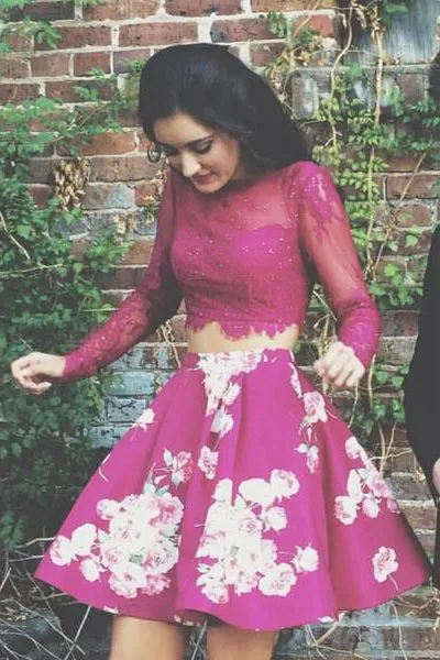Two Piece Homecoming Dresses Floral Print Long Sleeve Short Prom Dress Party Dress OHM153