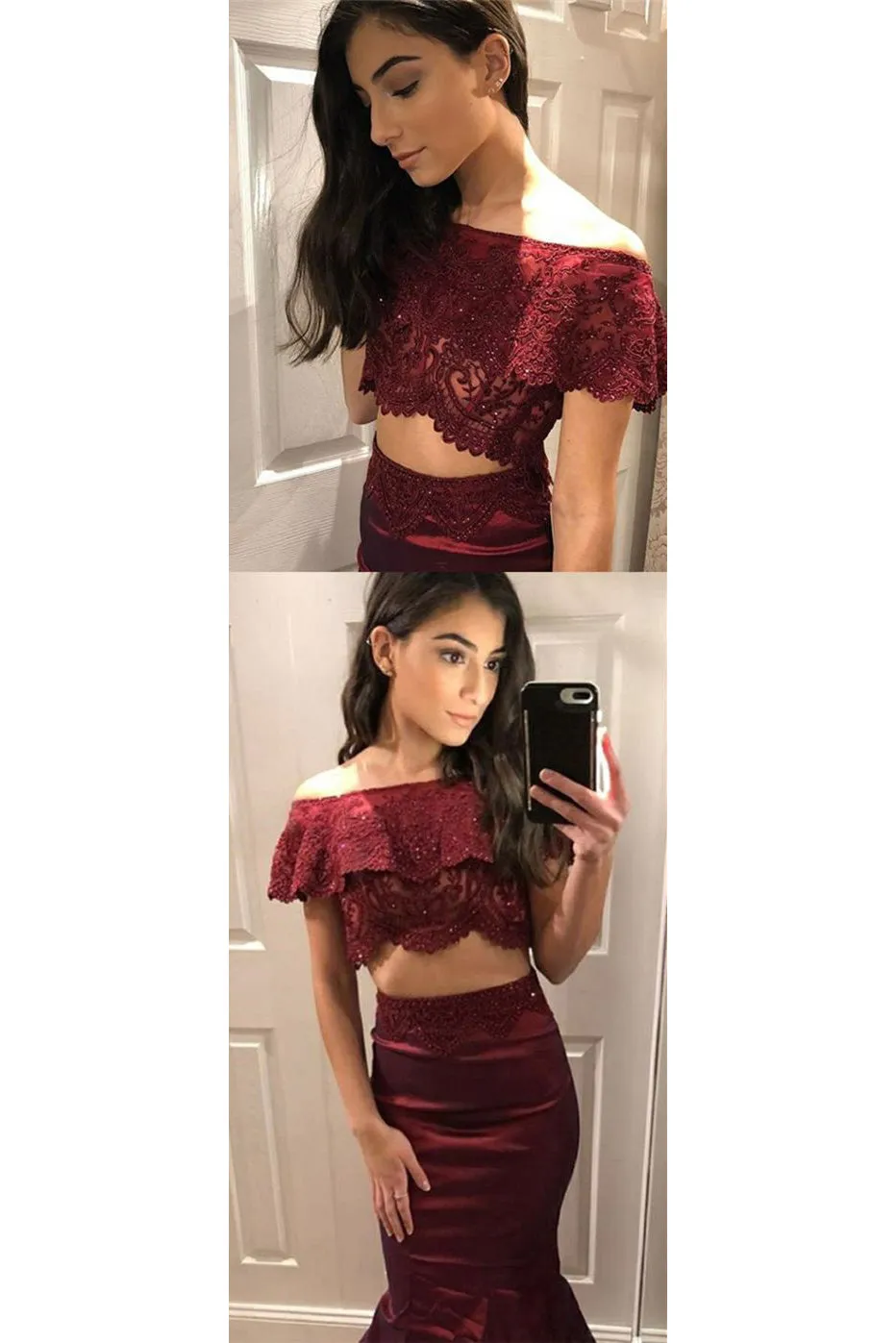 Two Piece Mermaid Off-the-shoulder Floor Length Sleeveless Lace Long Burgundy Satin Prom Dresses OHC223